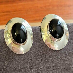 Vintage Modernist Sterling Silver Onyx Oval Clip-On Earrings